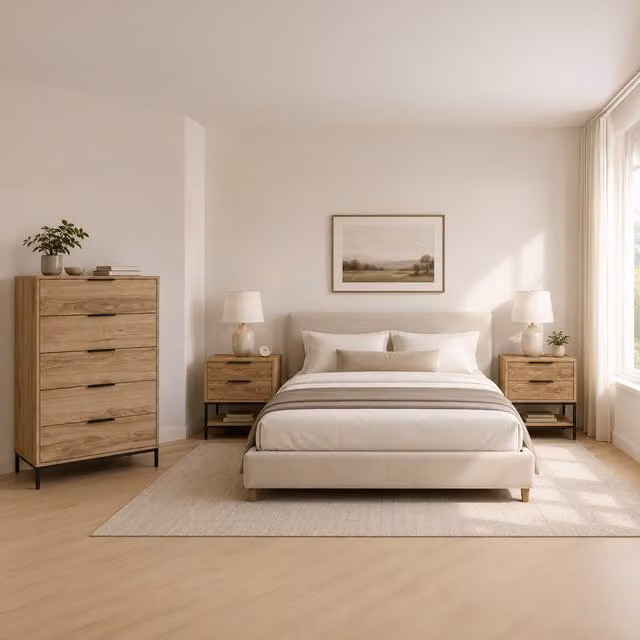 Decortie Mars 3 Piece Industrial Bedroom Furniture Set in Whiskey Oak with Chest of Drawers and Nightstand