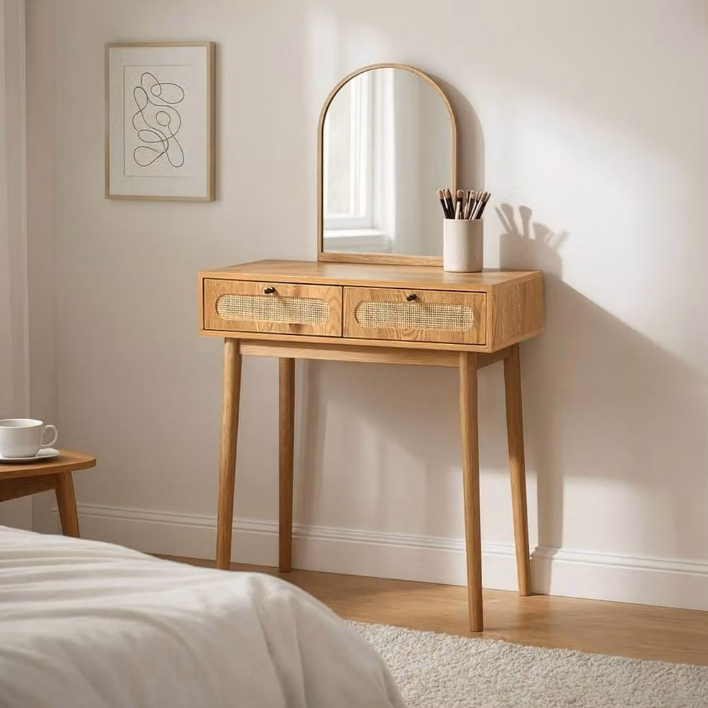 CALICOSY Dressing Table with Mirror and 2 Drawers with Rattan Fronts, Light Brown, W: 80 cm, D: 39 cm, H: 140 cm – 2