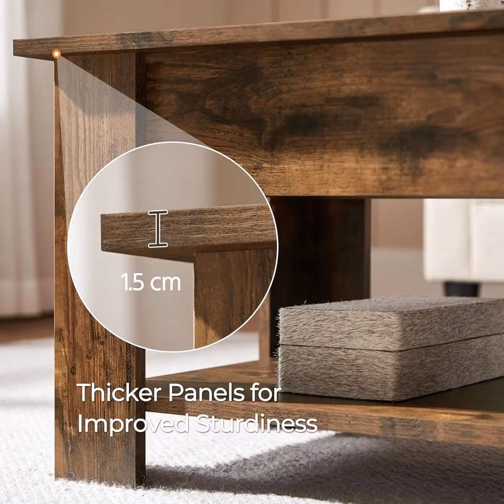 FORGEVIO Wooden Lift Top Coffee Table with Hidden Storage Drawer and Open Compartment in Brown – 4