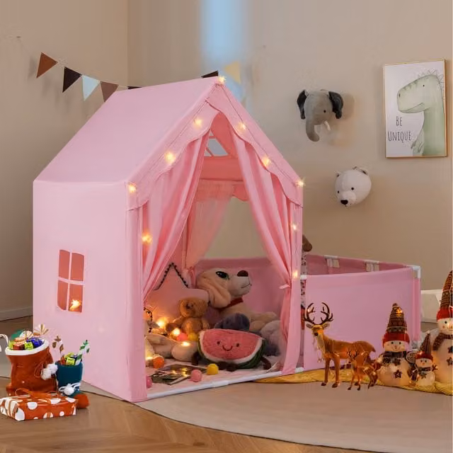 Costway Kids Play Tent and Playpen in Pink with Washable Cotton Textile