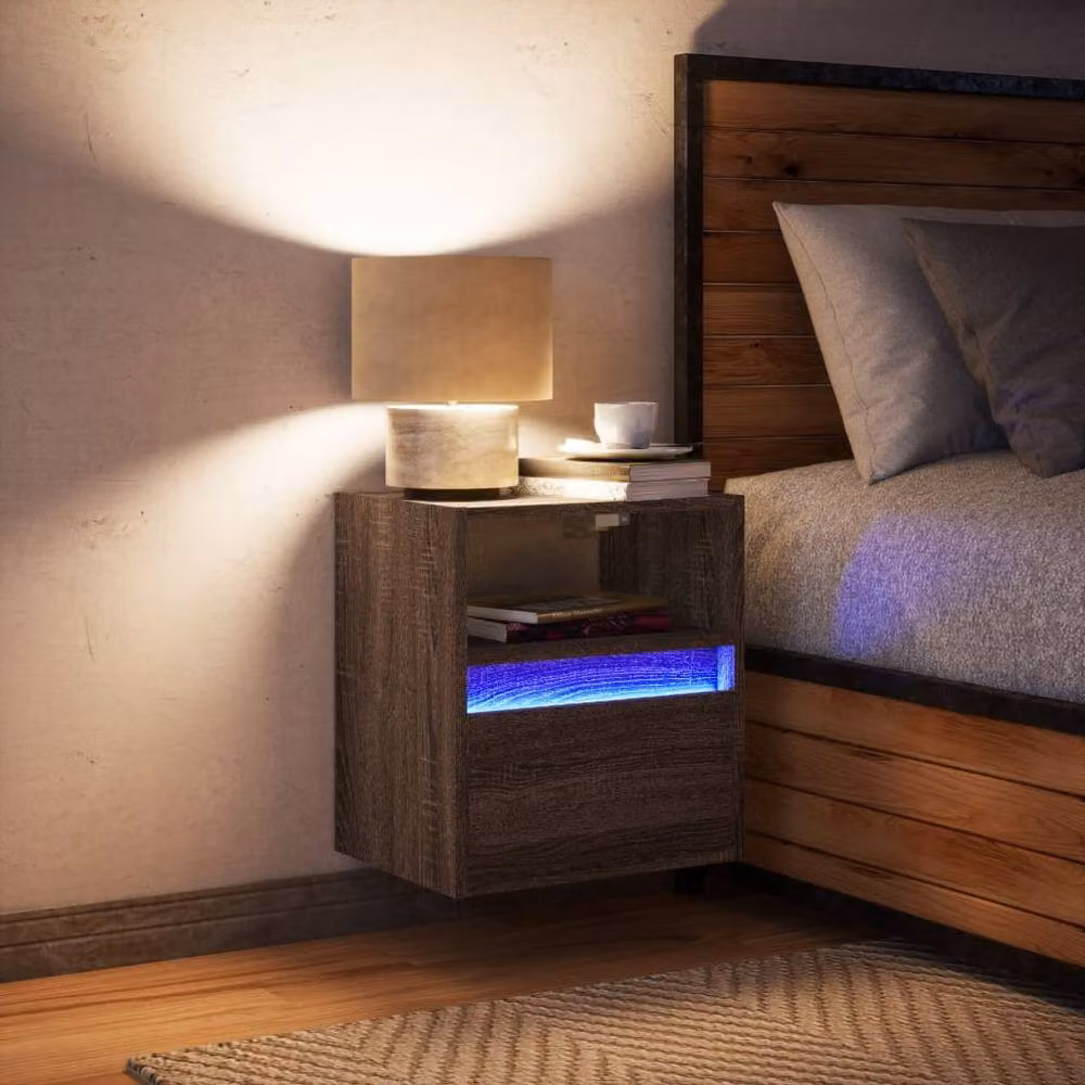 Berkfield Home Wall-mounted Bedside Cabinet with Integrated LED Lights, Brown Oak – 3