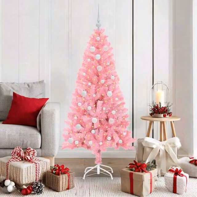 Berkfield Home Pink PVC Christmas Tree with 150 LEDs and Stand, Height: 150 cm – 1