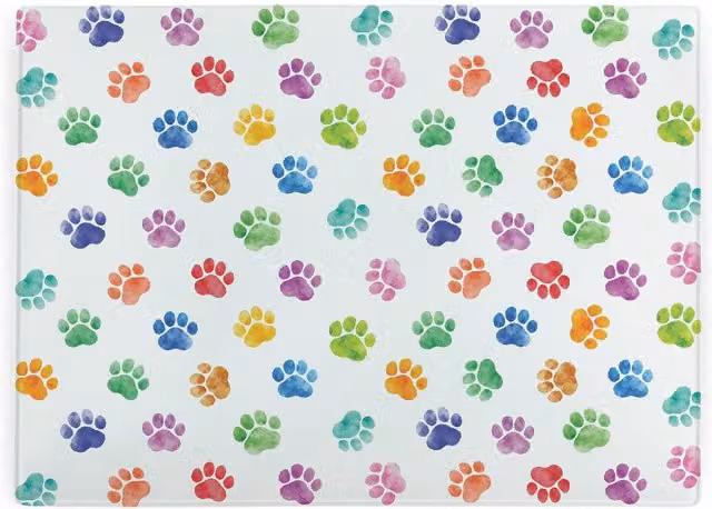 Purely Home Rainbow Paw Prints Large Rectangular Smooth Glass Kitchen Worktop Protector and Chopping Board in Green and Multicolour