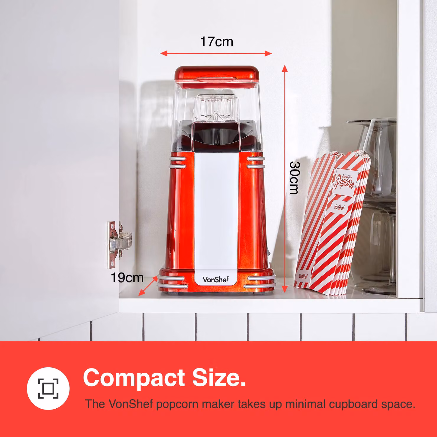 VonShef Retro Popcorn Maker Machine, 1200W Hot Air Circulation Air Popcorn Maker with One Touch Operation and 6 Boxes, Red – 4