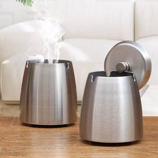 EONLION Silver Stainless Steel Round Cigarette Ashtray Bin with Flip Lid, Diameter: 100 cm – 1
