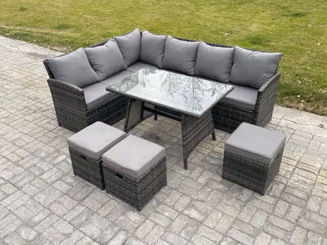 Fimous 9 Seater Wicker Rattan Garden Furniture Set with Oblong Dining Table and 3 Small Footstools in Dark Grey