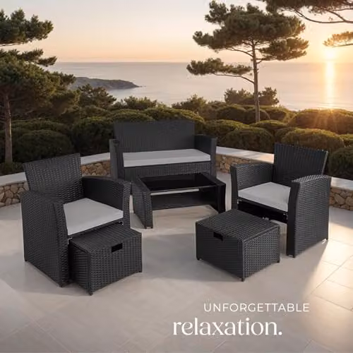 tectake Rattan Garden Furniture Set in Black and Grey with 2-Seater Sofa, Coffee Table, Armchairs, and Ottoman with Upholstered Cushions – 7