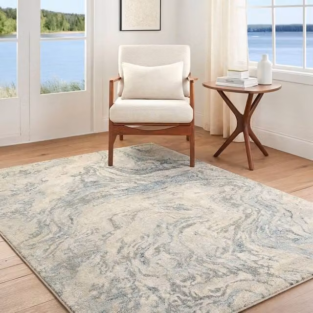 Livabliss Avellino Modern Abstract Marble High Pile Living Room Rug in Beige, Grey and Blue, W: 160 cm, D: 215 cm – 1