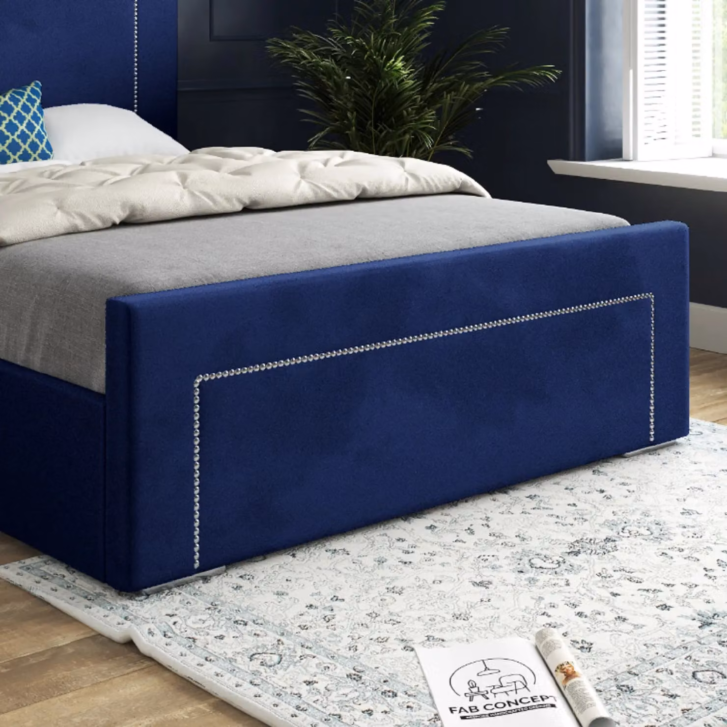 Casani Lucca Upholstered Velvet Bed Frame in Blue, W/D/H: 144 x 137 x 200 cm – 3