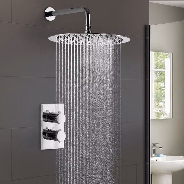 Nes Home Lily 2 Dial 1 Way Round Slim Shower Head Set in Silver