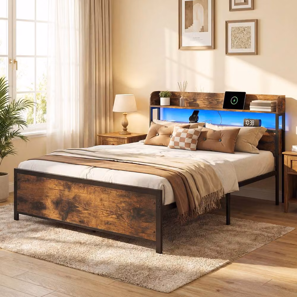 Gymax King Size Platform Bed Frame in Brown with LED Lights, USB Charging Ports and Storage Headboard – 7