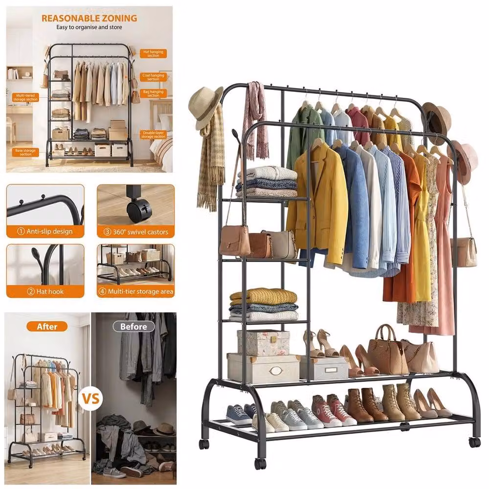 KORVIXA Double Clothes Rail Rack Garment Hanging Stand in Matt Black, W: 80 cm, H: 150 cm – 2
