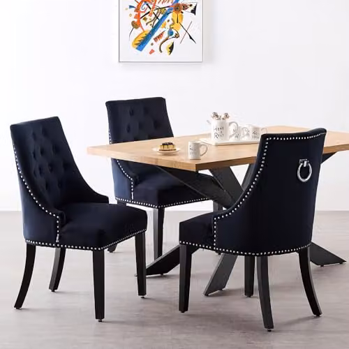 Life Interiors Windsor Set of 6 Knocker Back Velvet Dining Chairs in Black with Wood Legs – 6