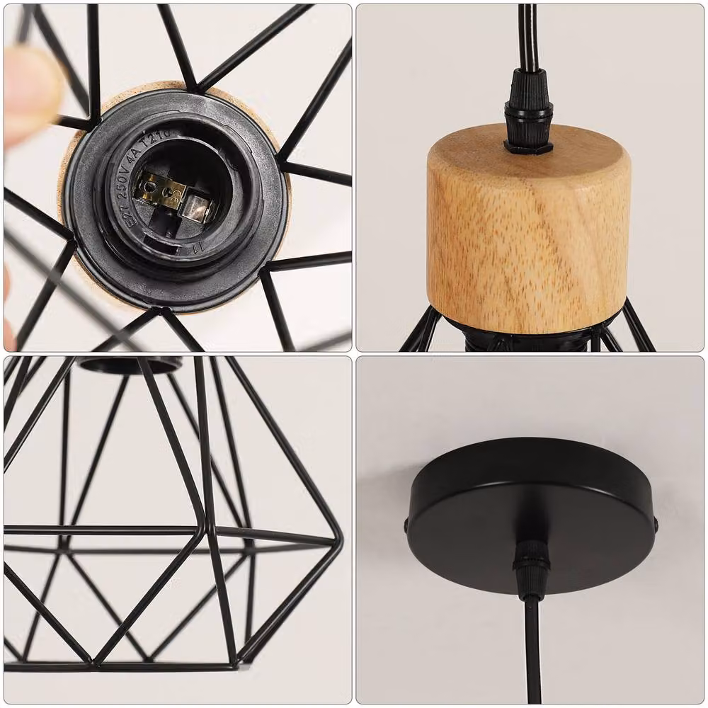 Pheashine Black Industrial Pendant Light with Wood Accents, E27, Shade Diameter: 15 cm, Adjustable Cord: 150 cm – 2