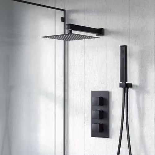 Nes Home Thermostatic Mixer Valve Shower Set with Hand Shower in Matt Black – 1