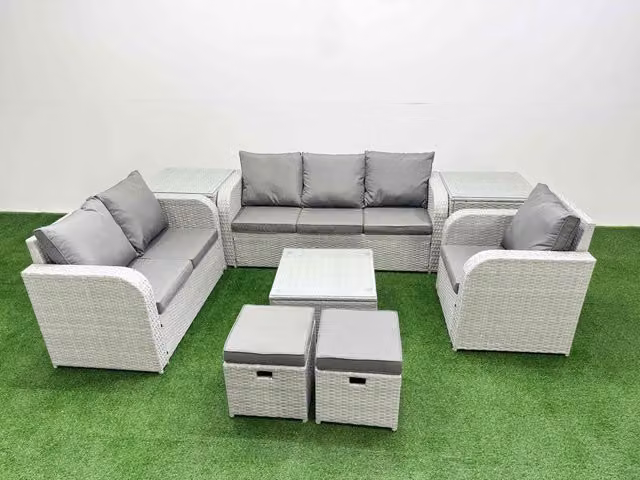 Fimous Patio 8 Seater Grey Rattan Outdoor Furniture Set with Square Coffee Table, 3 Seater Sofa, Loveseat, Reclining Chairs, Stool and Side Tables