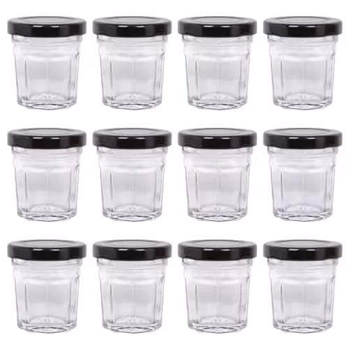 Argon Tableware Glass Jam Jars with Airtight Screw Top Metal Lids, 30ml, Pack of 12, Black, Gold or Transparent – 1