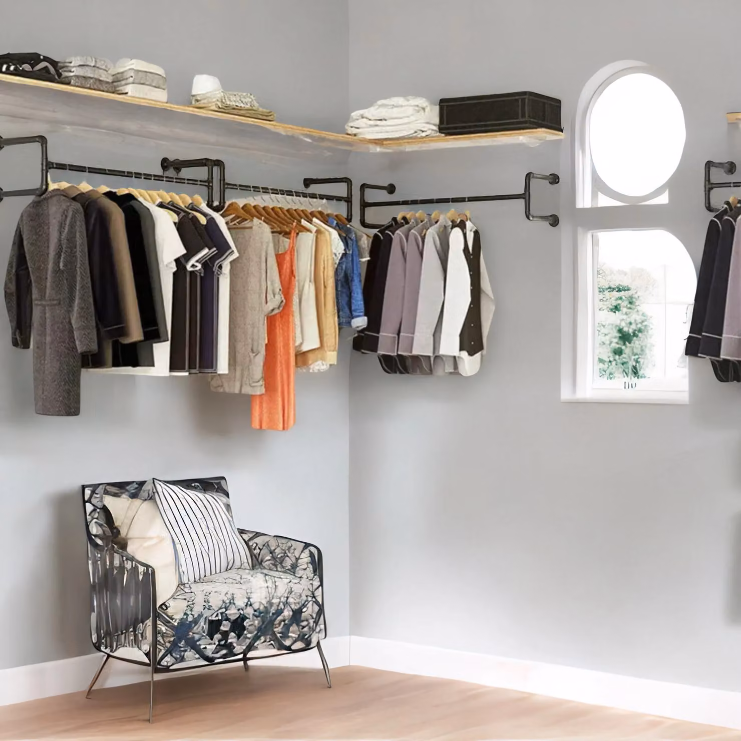 Pirlo Plush Industrial Heavy Duty Wall-Mounted Metal Clothes Hanging Rail in Matt Black, W: 109 cm, H: 31 cm, D: 25 cm – 3