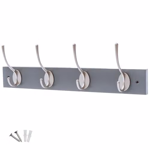 Keypak Victorian Wall Mounted Coat Rack with 4 Nickel Hooks in Grey Wood