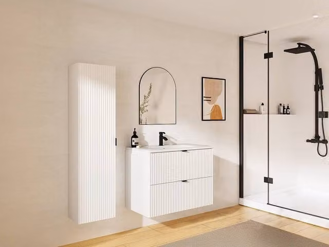 Vente-unique Zevini Ribbed White Wall-Mounted Bathroom Vanity Unit and Tall Cabinet Set with Recessed Stone Basin, W/D/H: 60 x 47 x 80 cm