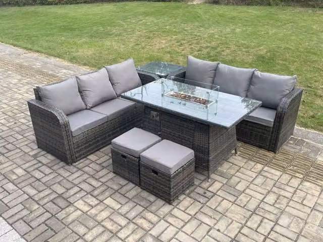 Fimous 8 Seater Rattan Garden Furniture Set with Fire Pit Table in Dark Grey