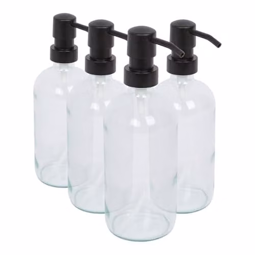 Harbour Housewares Pack of 4 Transparent Glass Soap Dispensers with Black Pumps, 500ml Refillable Bottles