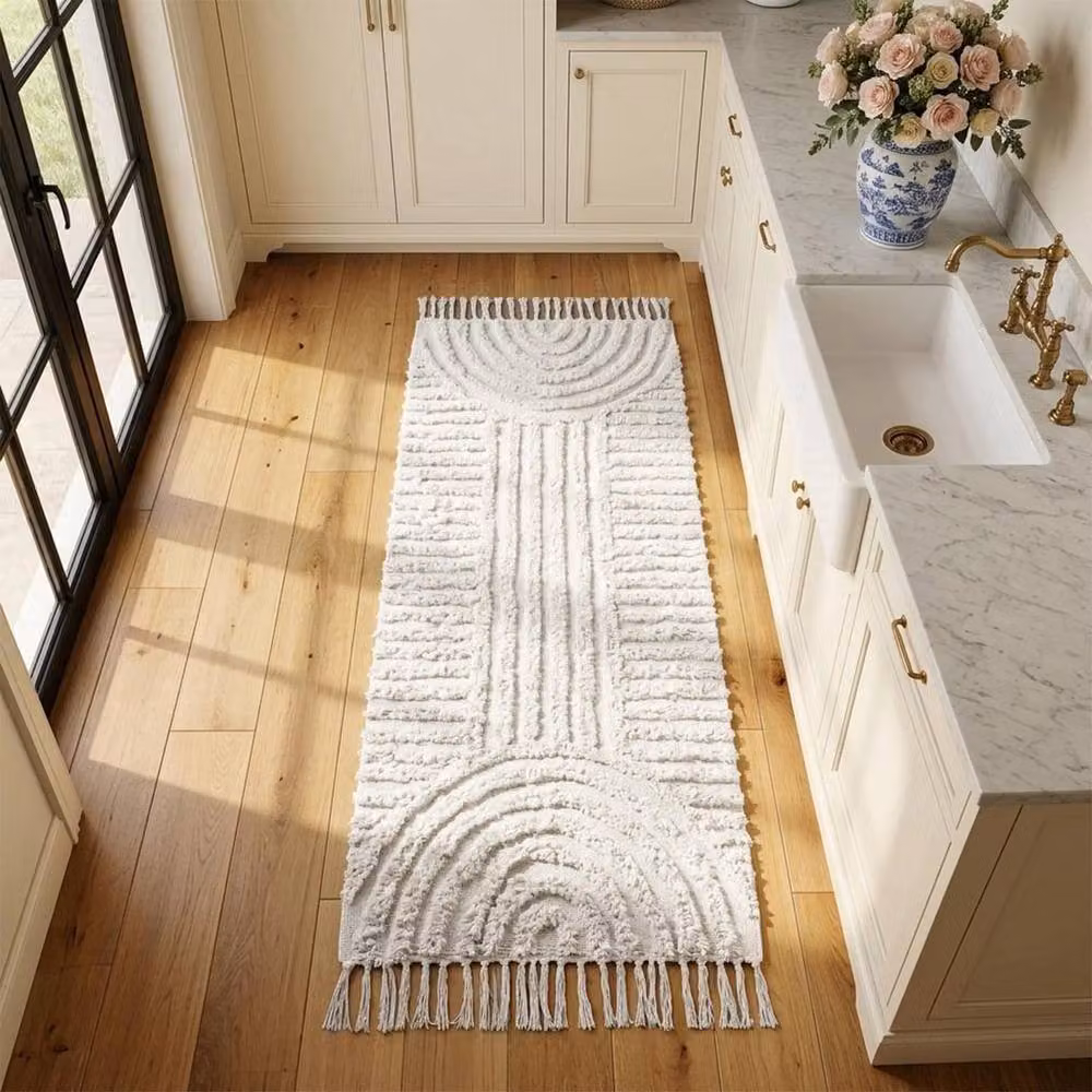 KORVIXA Bohemian Handwoven Cotton Linen Round Runner Rug in Beige and White, Diameter: 100 cm – 3