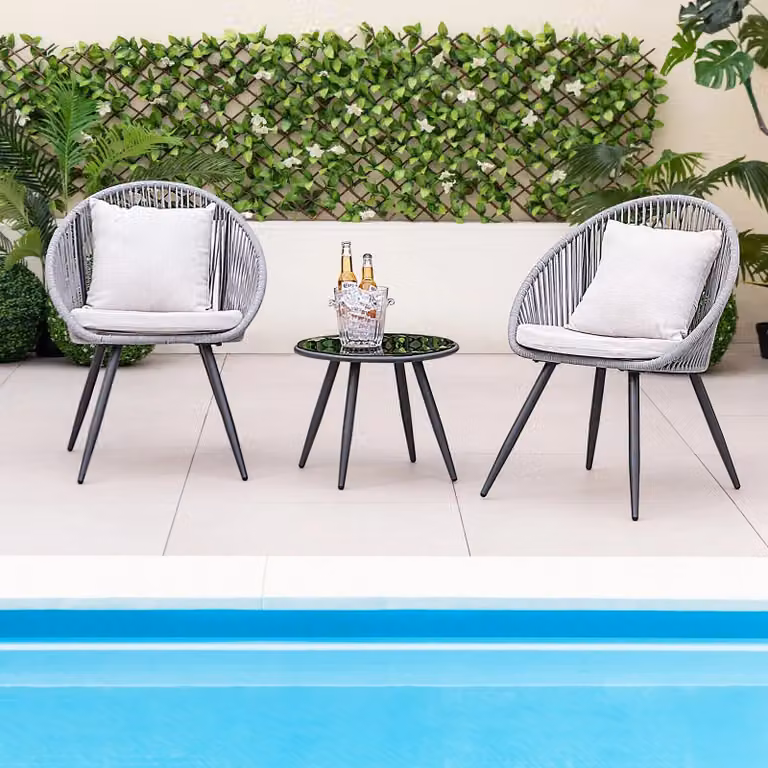 Costway 3 Piece Patio Furniture Set with Woven Rope Balcony Chairs and Seat and Back Cushions in Grey and Multicolour