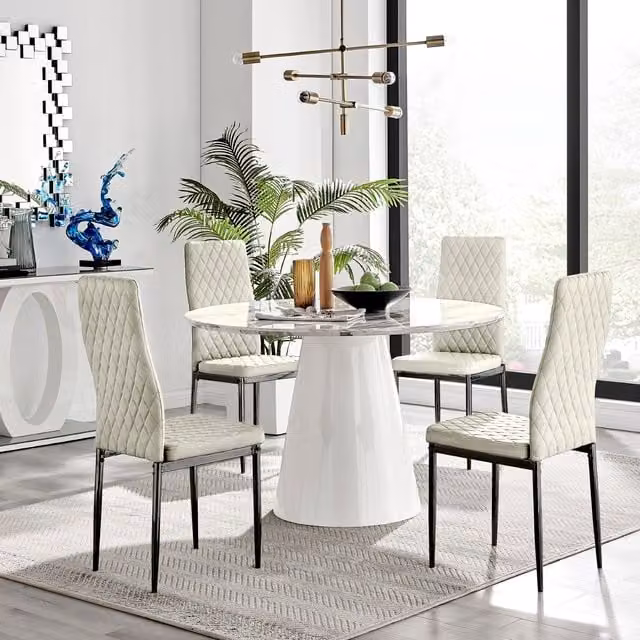 FurnitureboxUK Palma Round White Marble Effect Dining Table and 4 Cream Velvet Milan Chairs with Black Legs