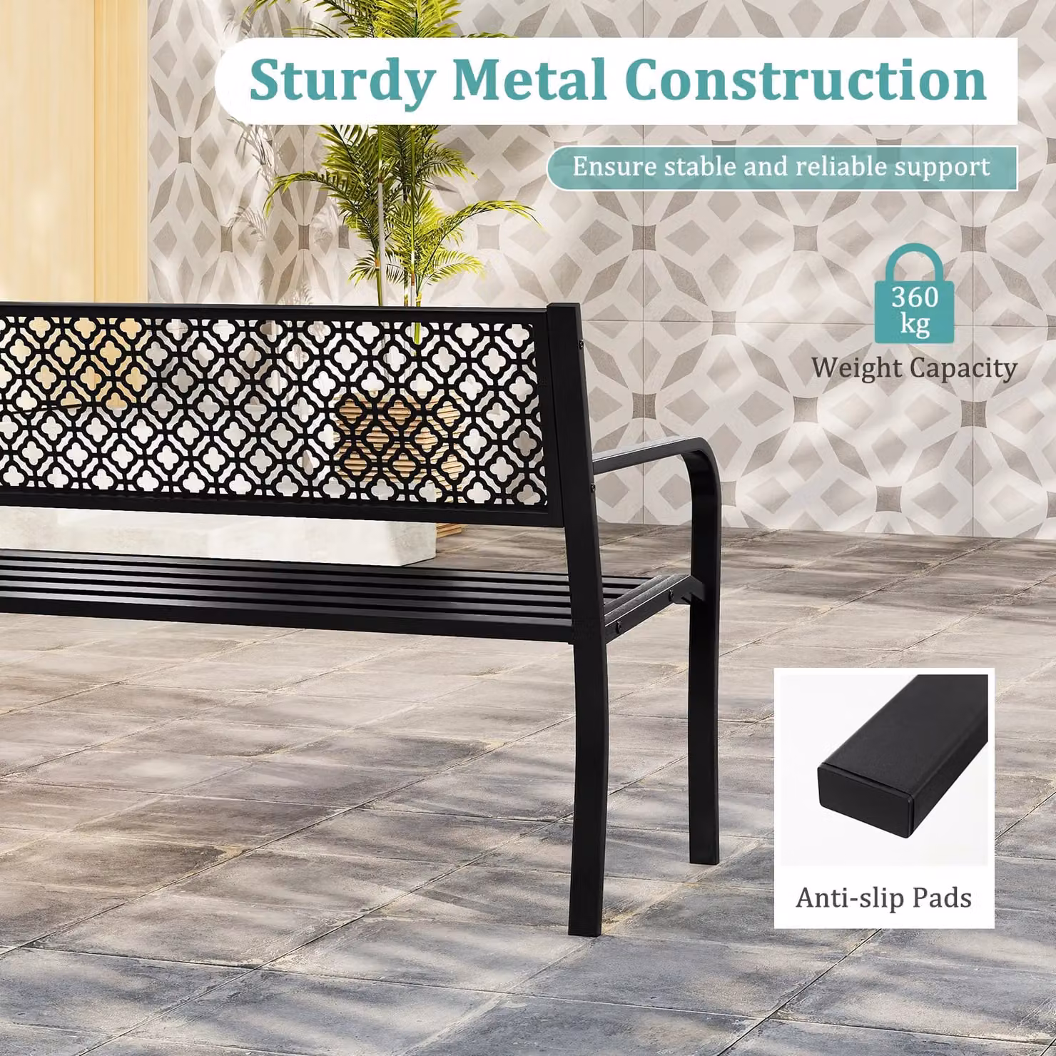 Costway 50 Inch Modern Geometric Metal Outdoor Garden Bench in Matt Black – 7