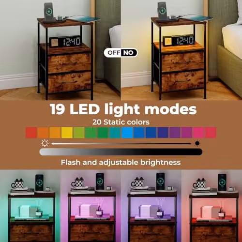 Levede Industrial Bedside Table in Brown with LED Lights, Charging Station, and 2 Fabric Storage Drawers, W/D/H: 30 x 40 x 60 cm – 5