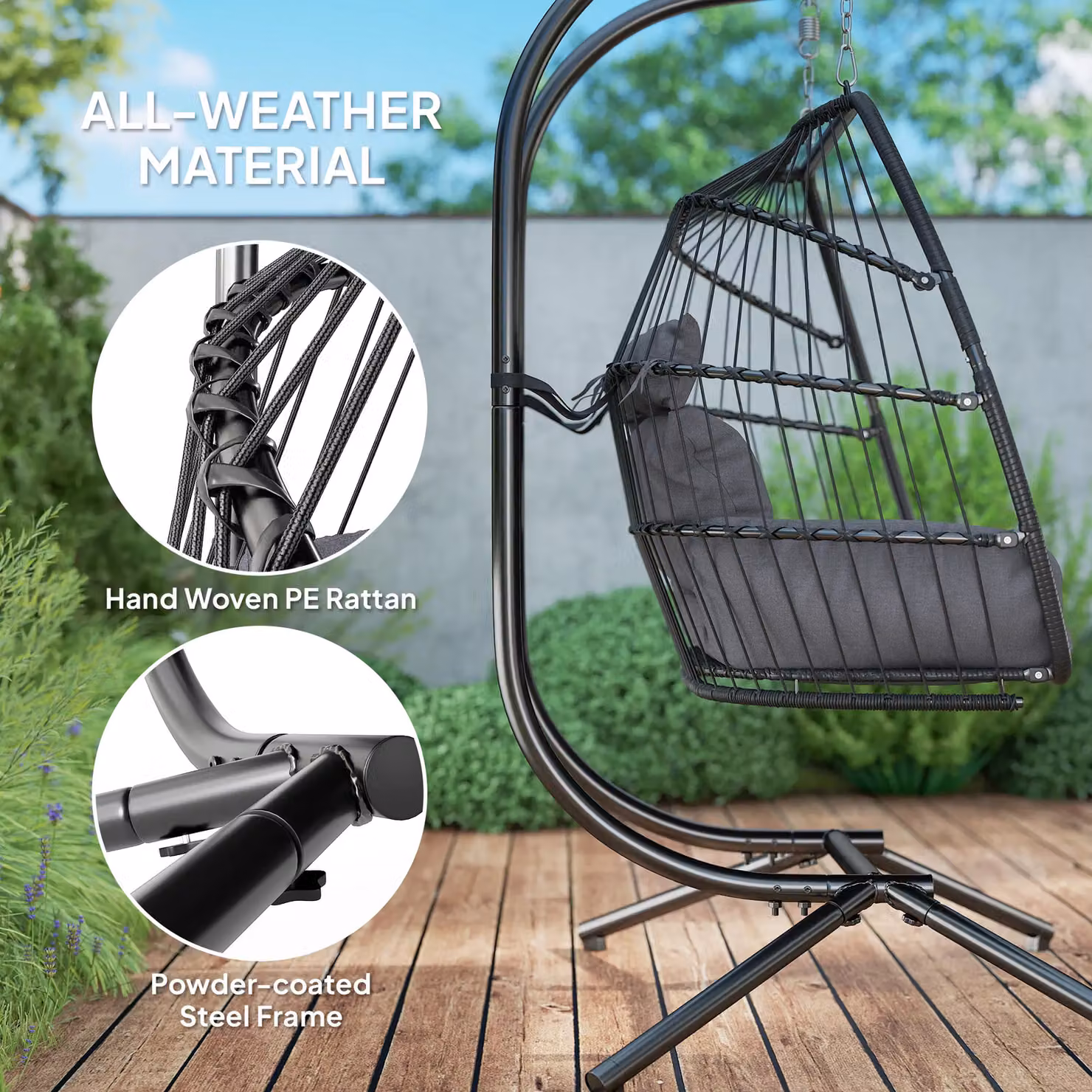 OUTSUNNY Rattan Double Hanging Egg Chair with Stand and Cushion in Dark Grey – 4