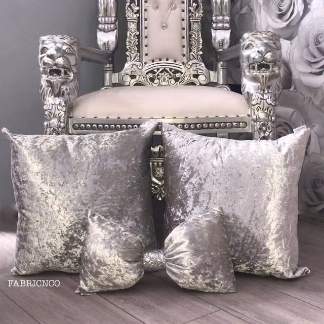 FABRICNCO Silver Crush Velvet Glitter Bow Cushion Set, W/D/H: 40.64 x 40.64 x 40.64 cm