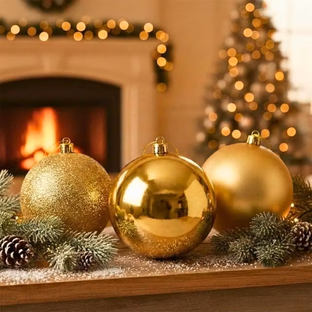 Shatchi Set of 3 Gold Christmas Baubles, 25 cm Diameter, Glossy, Matte and Glitter Finishes