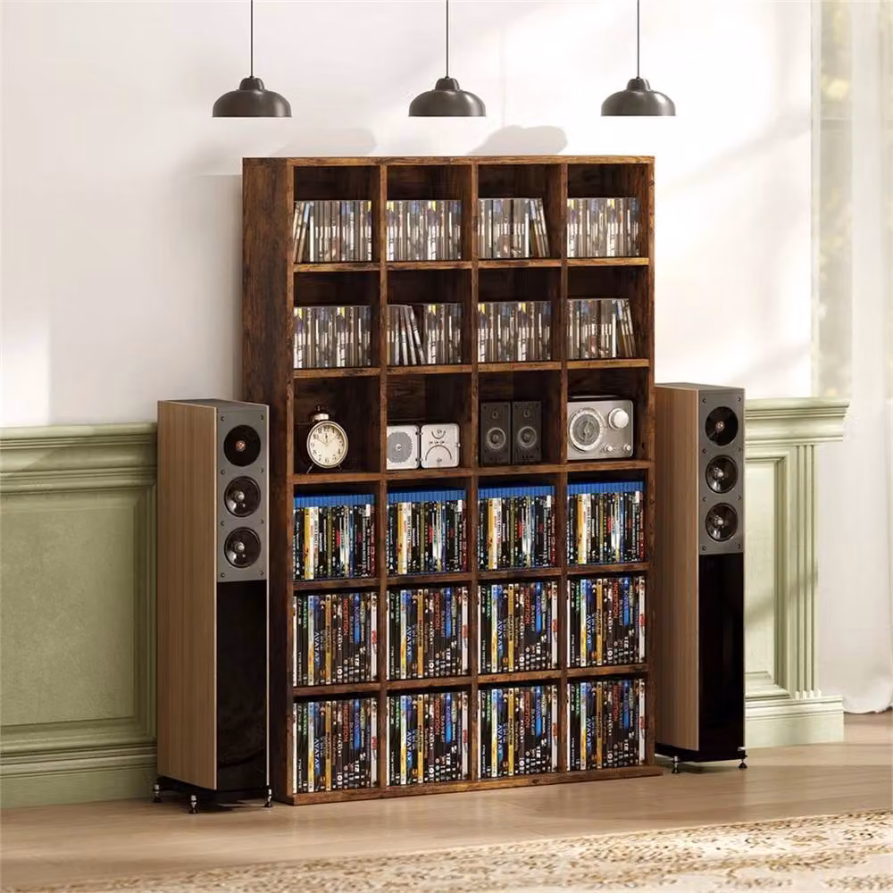 VOGREX Rustic Brown Wood Media Storage Rack with Adjustable Shelves and Back Panel – 4