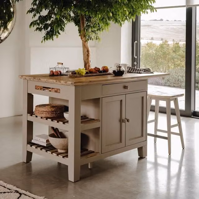 Florence Kitchen Island with Cupboard and Shelves in Truffle Acacia Wood, W/D/H: 150 x 90 x 91 cm