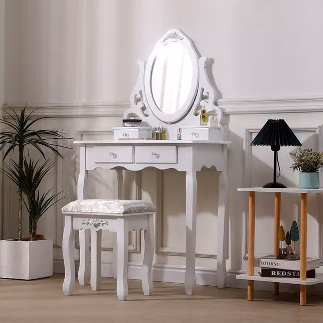 Komore Modern White Makeup Vanity Desk with Mirror and Stool