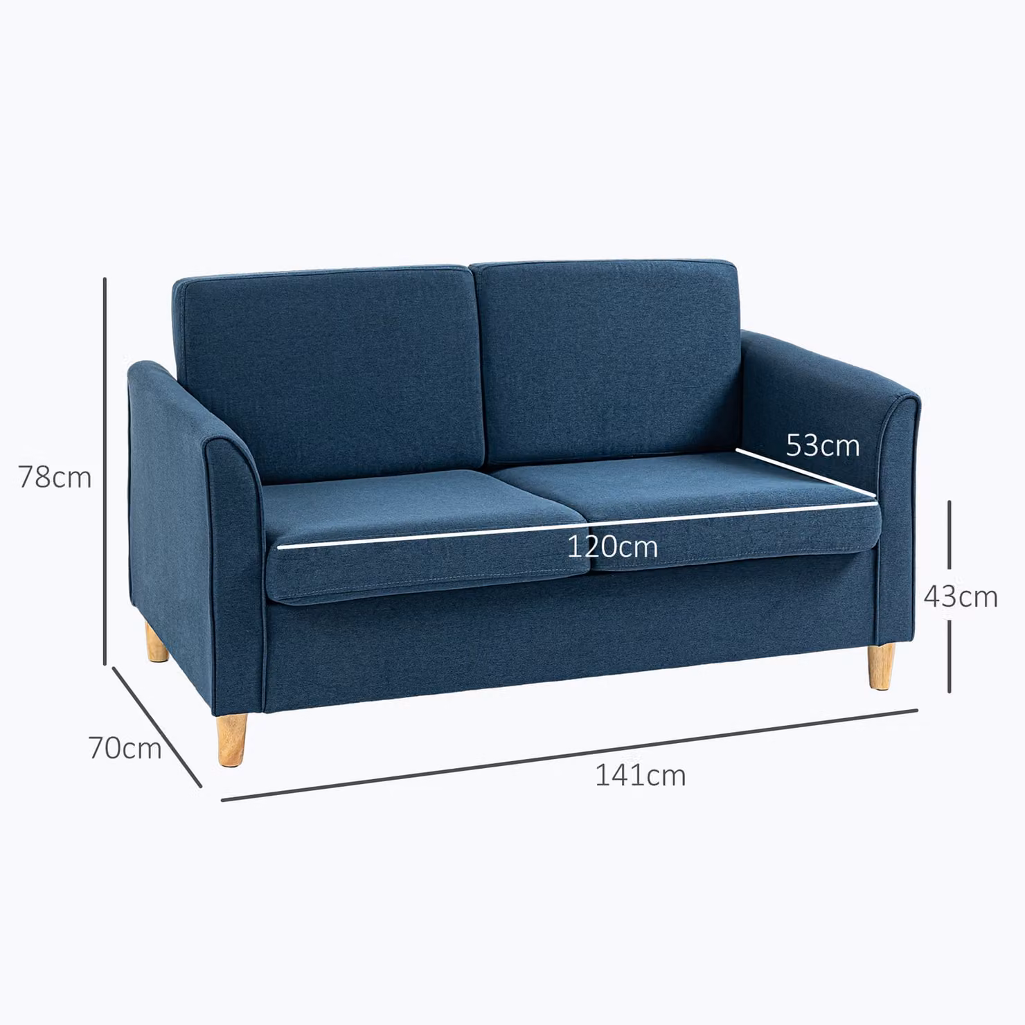 HOMCOM Modern Compact 2 Seater Loveseat Sofa in Blue with Fabric Upholstery and Wood Legs – 3