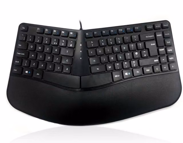 Accuratus Contour Ergo Split Membrane Keyboard with Reverse Tilt, Wired and Wireless, Black