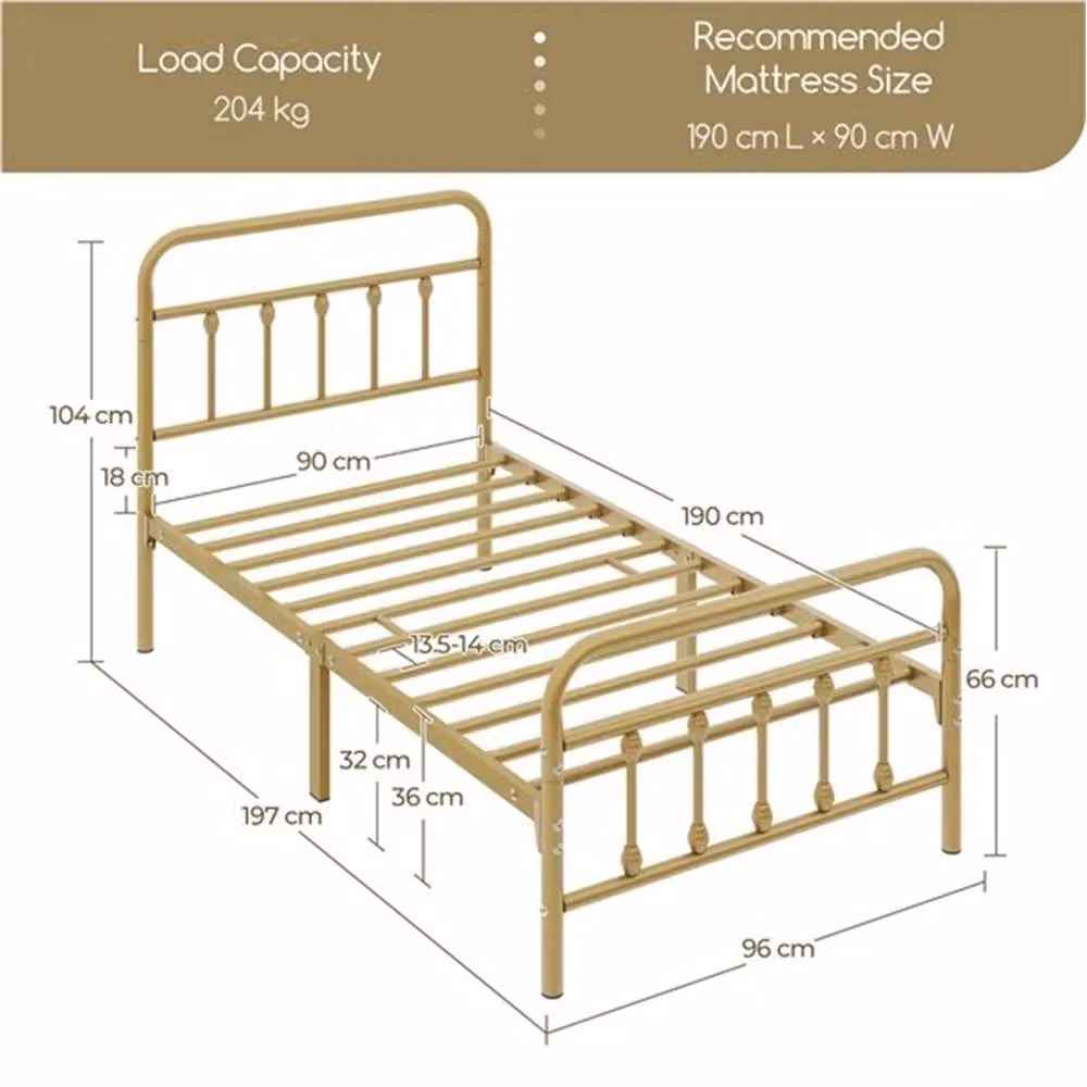 SPETLEK Single Metal Bed Frame in Antique Gold with Vintage High Headboard, W/D/H: 90 x 190 x 104 cm – 2