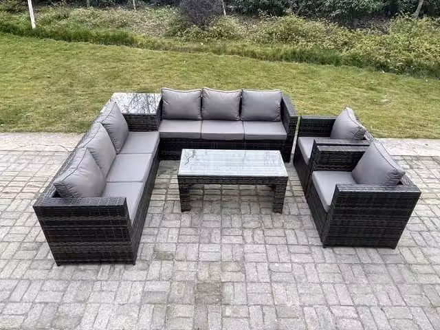 Fimous 8 Seater Rattan Corner Sofa Set with Square Side Table, Oblong Coffee Table and Armchair in Dark Grey