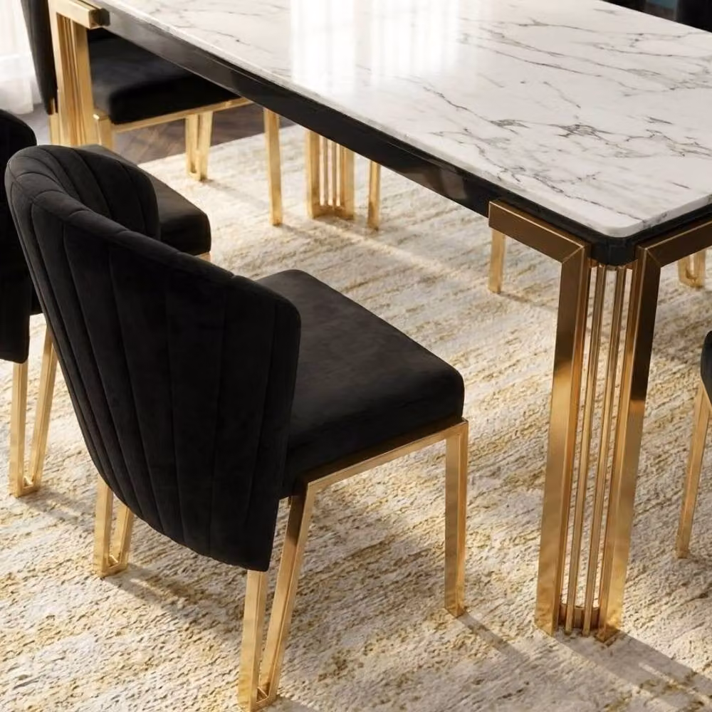 HOME LUXE INTERIOR Sorrento 180cm White Marble and Gold Dining Table with 6 Fabio Black Chairs – 6