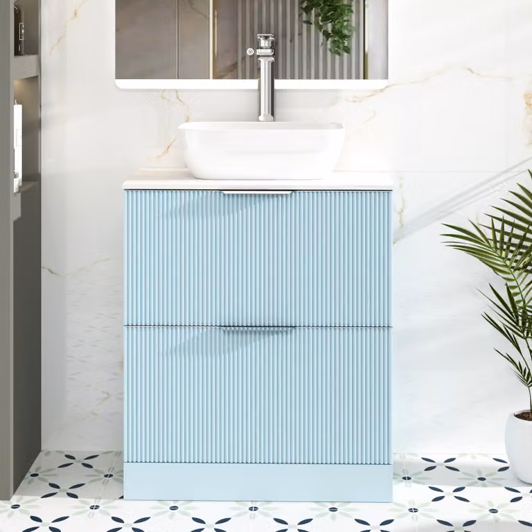 Royal Bathrooms Evora Powder Blue Fluted Floor Standing Vanity Unit with 2 Drawers and Stone Countertop Basin
