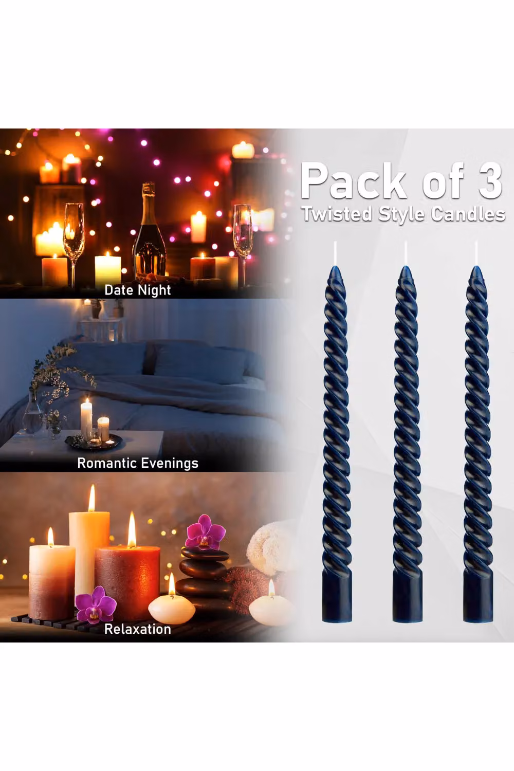 Deco Express Blue Twisted Non Drip Spiral Dinner Candles, Pack of 3 – 3