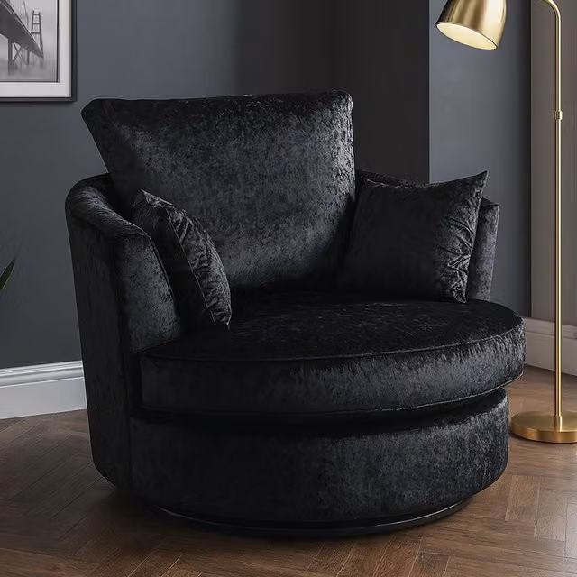 Furnishings For Less UK Black Crystal Crushed Velvet 360 Degree Swivel Tub Chair with Armrests