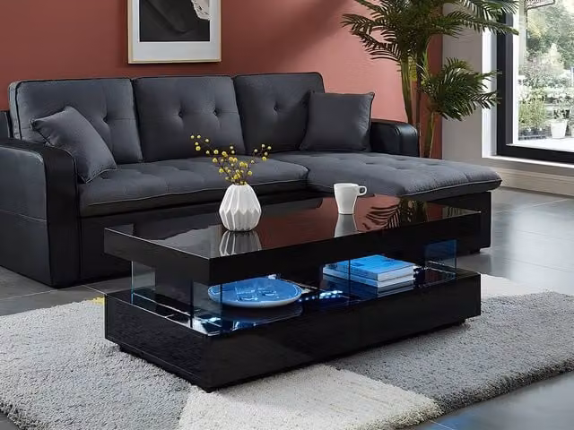 Vente-unique Black Lacquered MDF and Glass Coffee Table with 2 Drawers, 2 Recesses and LED Lighting, W/D/H: 120 x 60 x 42 cm – 1