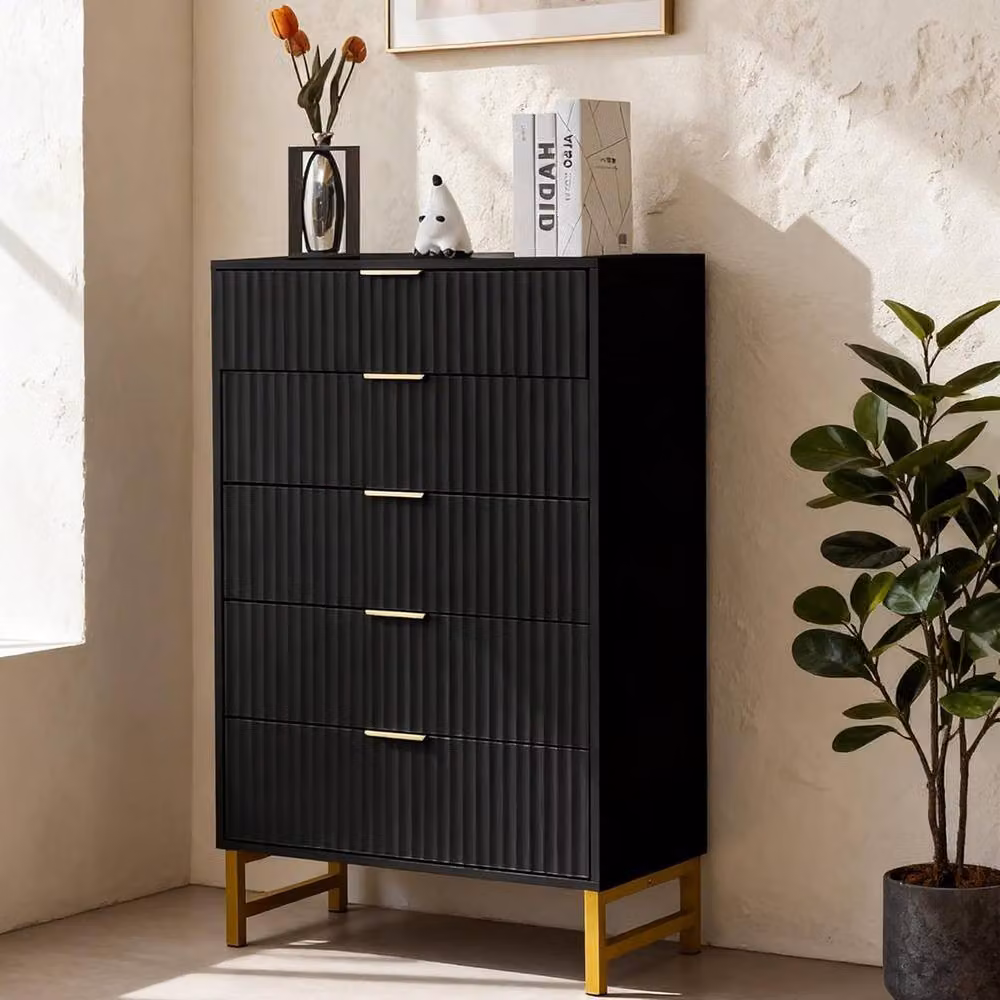 FURNITURE ONE Modern Black Chest of 5 Drawers Storage Cabinet with Gold Metal Legs, W: 120 cm, H: 80 cm, D: 40 cm – 3