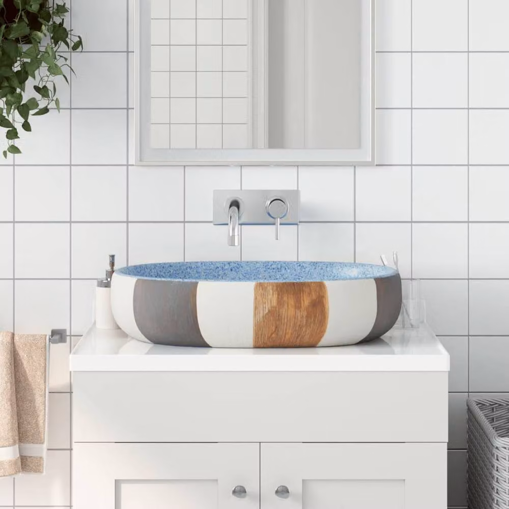 Berkfield Home Multicolour Oval Ceramic Countertop Basin W: 59 cm, D: 40 cm, H: 14 cm – 2