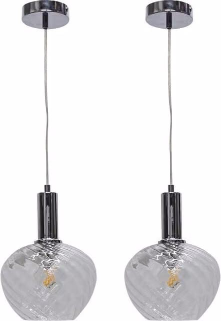 First Choice Lighting Bradson Set of 2 Art Deco Pendant Lights with Clear Swirl Glass and Chrome Finish
