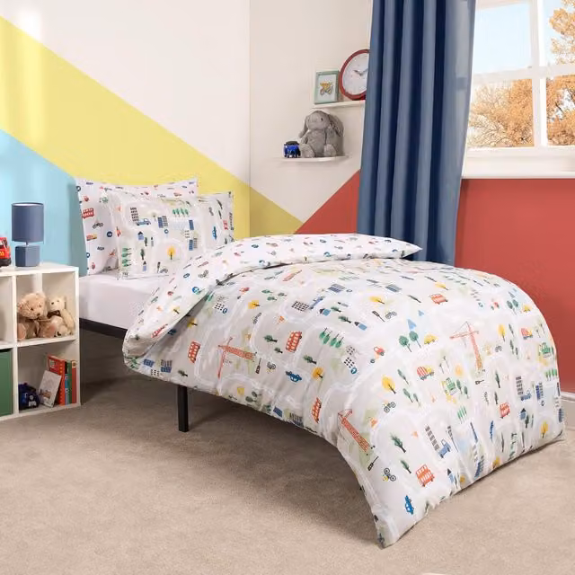 OHS Reversible Childrens Vehicle Graphic Duvet Cover Set, Blue, Yellow and White, W: 140 cm, L: 200 cm